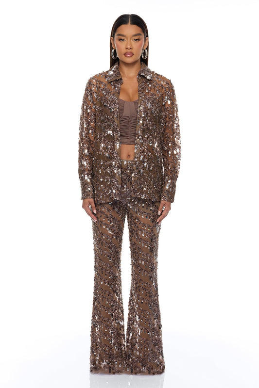 Zariah Sheer Sequin Pant - Bronze