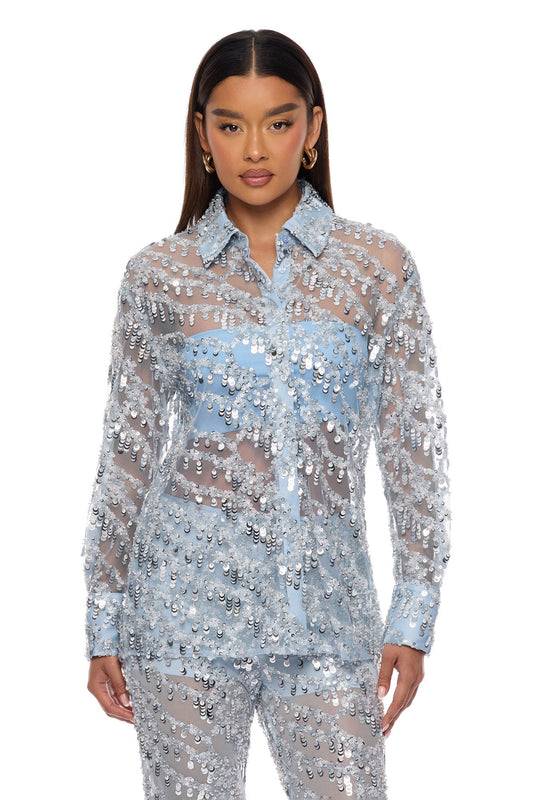 Zariah Sheer Sequin Top - Light Blue