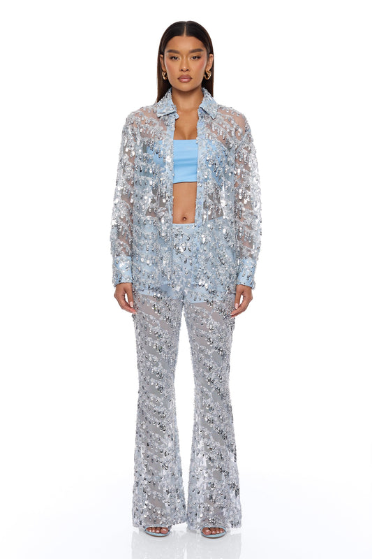 Zariah Sheer Sequin Pant - Light Blue