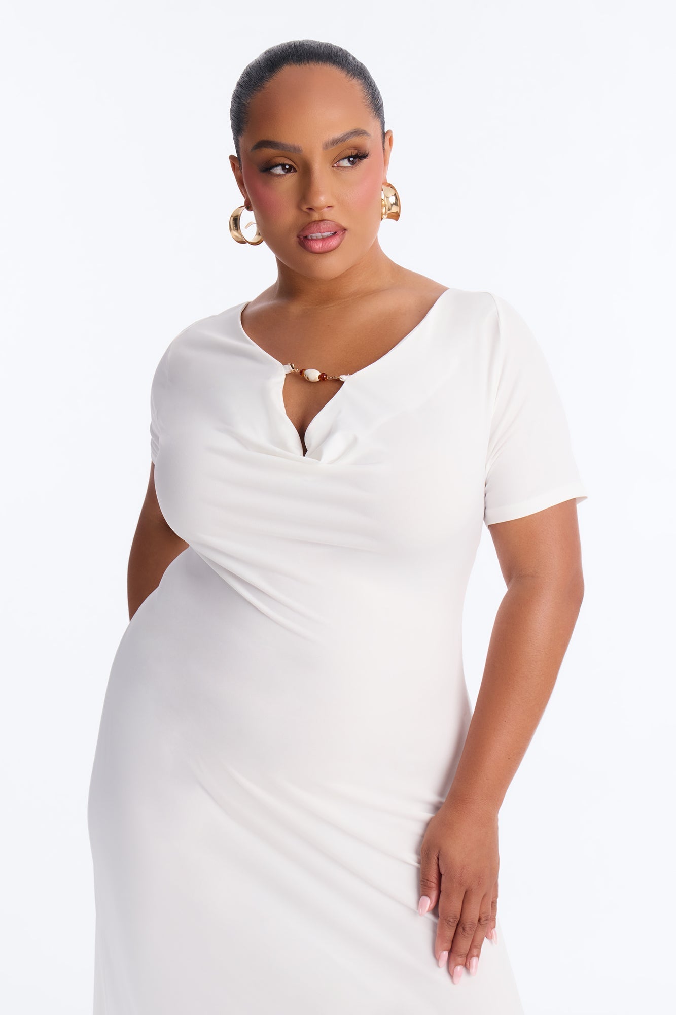 Angelica Beaded Cowl Neck Maxi Dress - White
